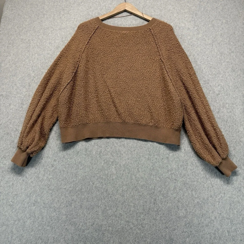 Free People Womens Popcorn Knit Cropped Sweatshirt Camel Balloon Sleeve XS